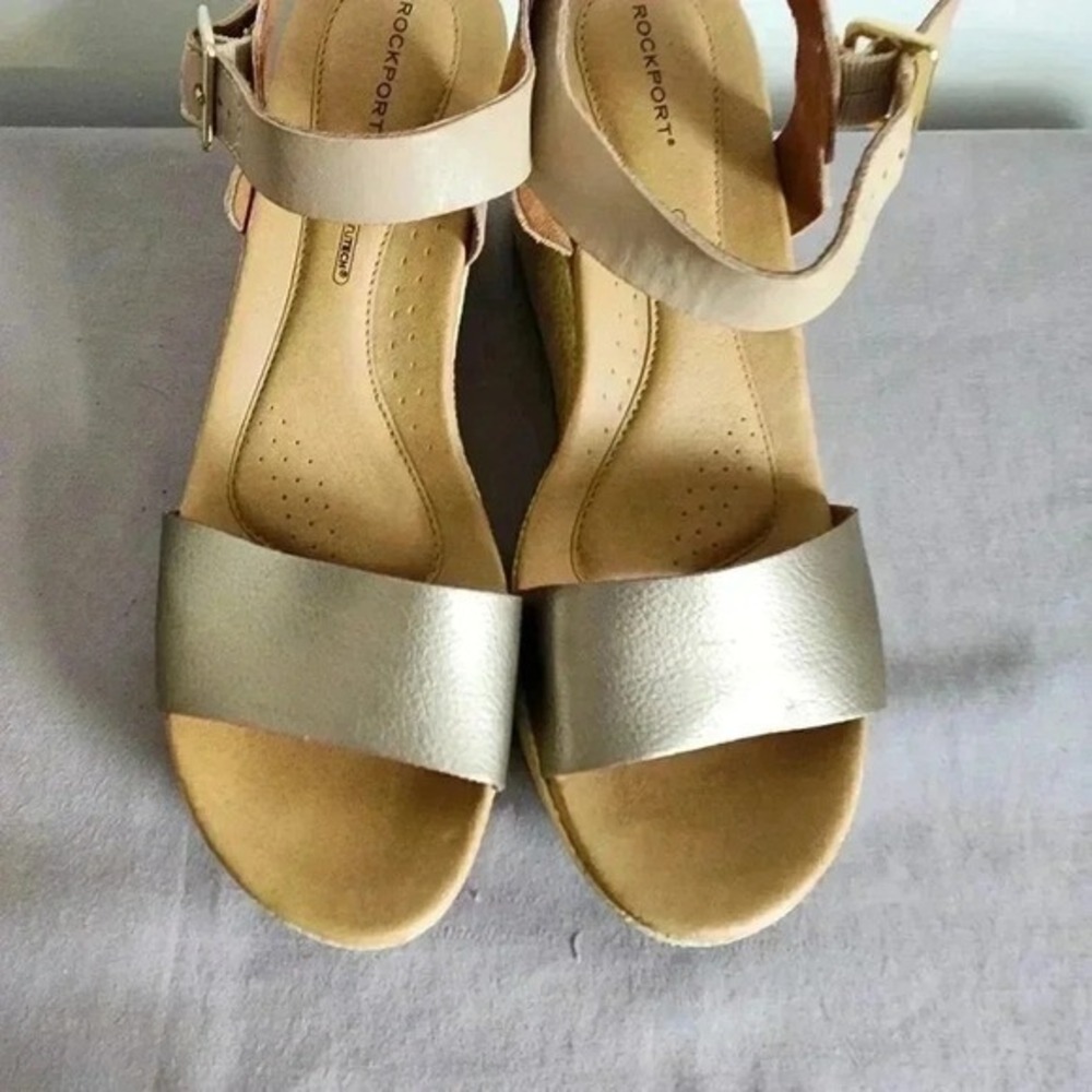 Rockport Sling Wedge Sandals Metallic Gold Beige Leather Womens 10 - Picture 4 of 6